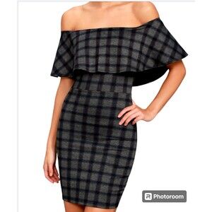 2/$30 Lulu's Mini Dress L Town Girl Plaid Off-the-Shoulder Bodycon Date Night